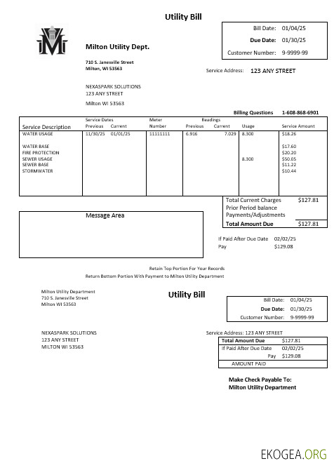 Modèle de facture de services publics d'eau des États Unis Massachusetts Milton Utility Dept aux formats Word et PDF